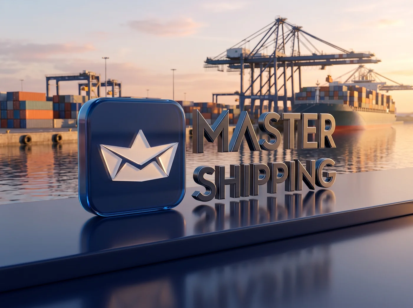 Logo 3D da Master Shipping com vista para um porto de cargas